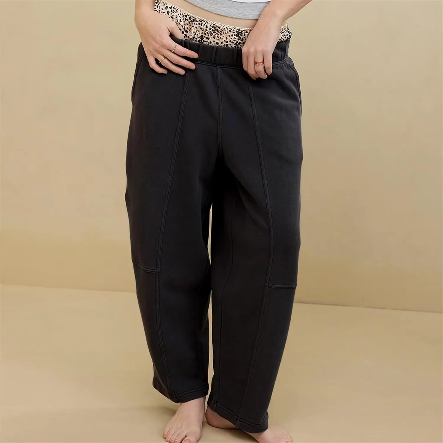 Ainangua Womens Baggy Barrel Wide Leg Sweatpants Casual Mid Rise Elastic Waisted Palazzo Harem Pants with Pockets