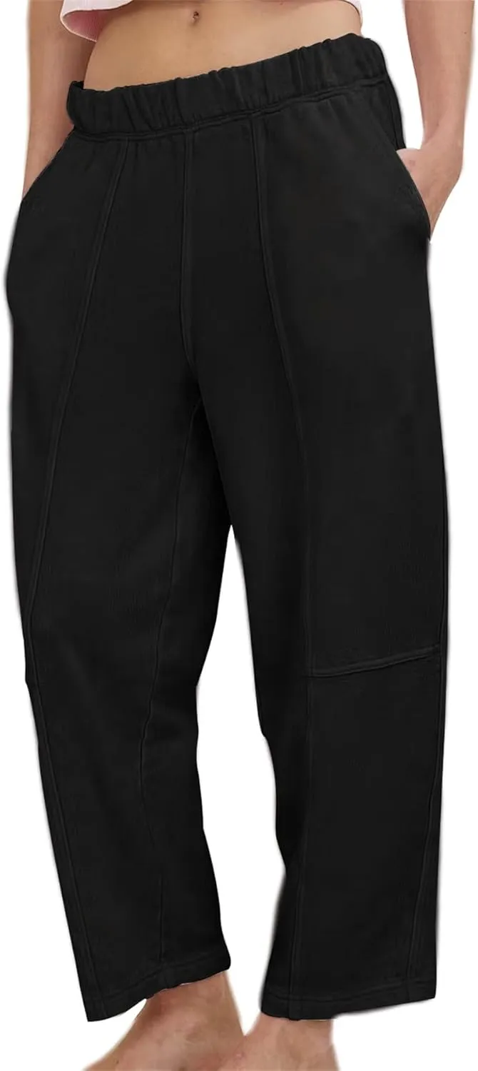 Ainangua Womens Baggy Barrel Wide Leg Sweatpants Casual Mid Rise Elastic Waisted Palazzo Harem Pants with Pockets