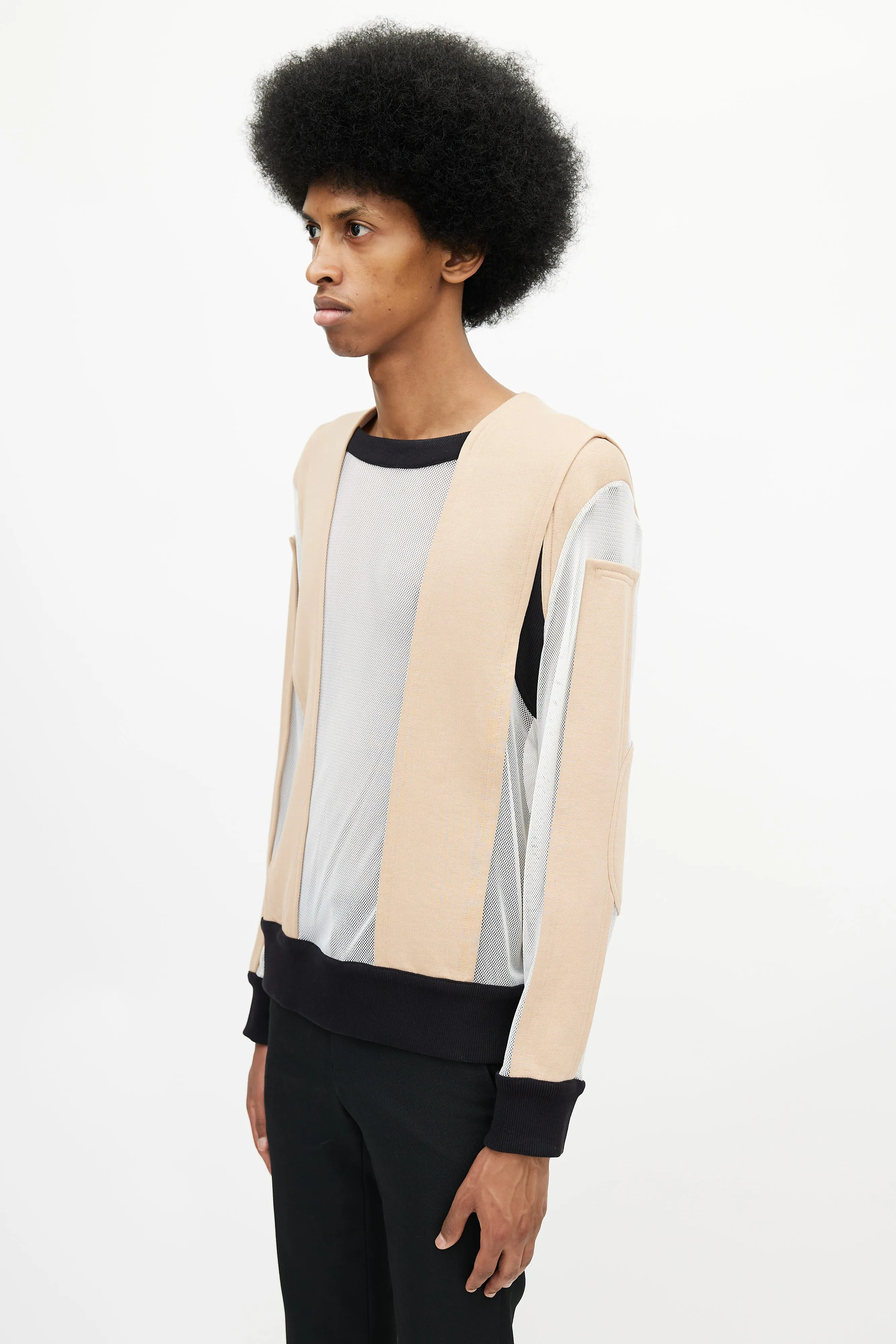 Beige & Multicolour Panelled Mesh Sweater