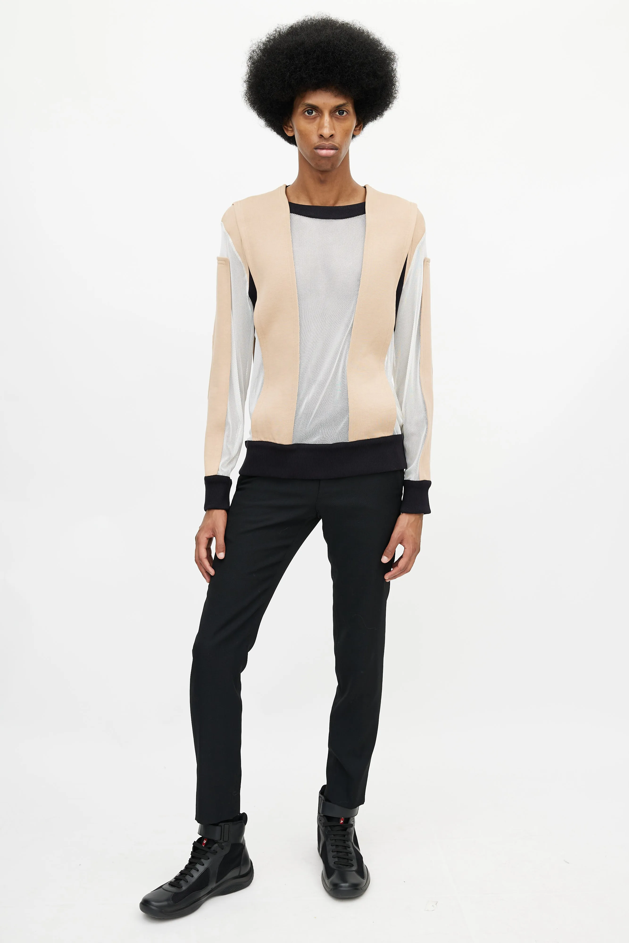 Beige & Multicolour Panelled Mesh Sweater