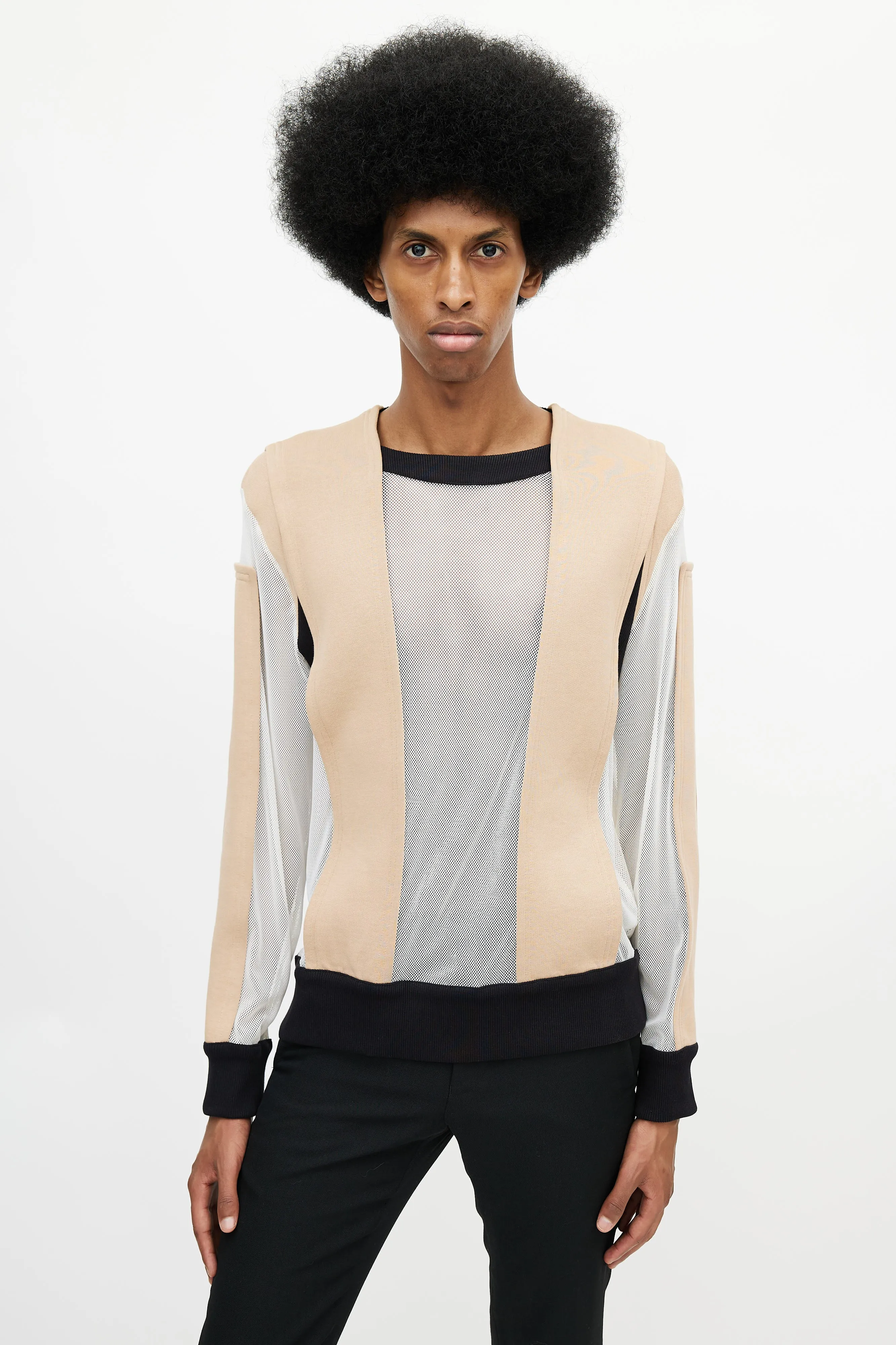Beige & Multicolour Panelled Mesh Sweater