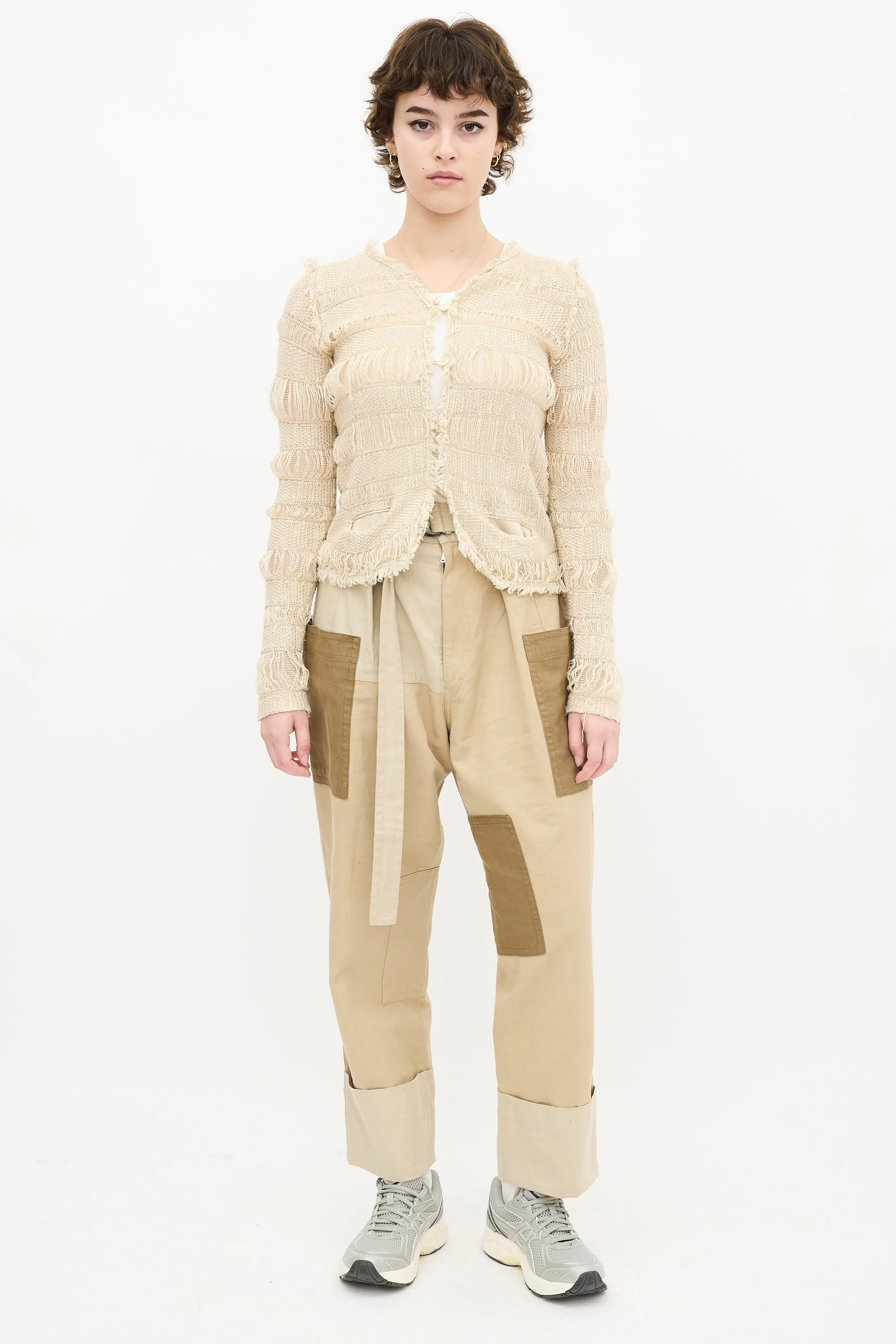 Beige Knit Fringe Cardigan