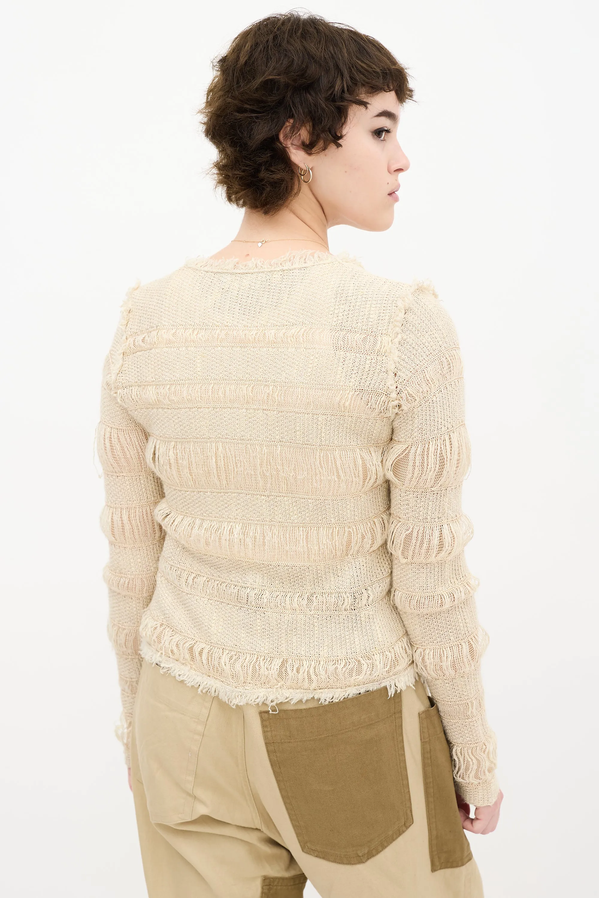 Beige Knit Fringe Cardigan