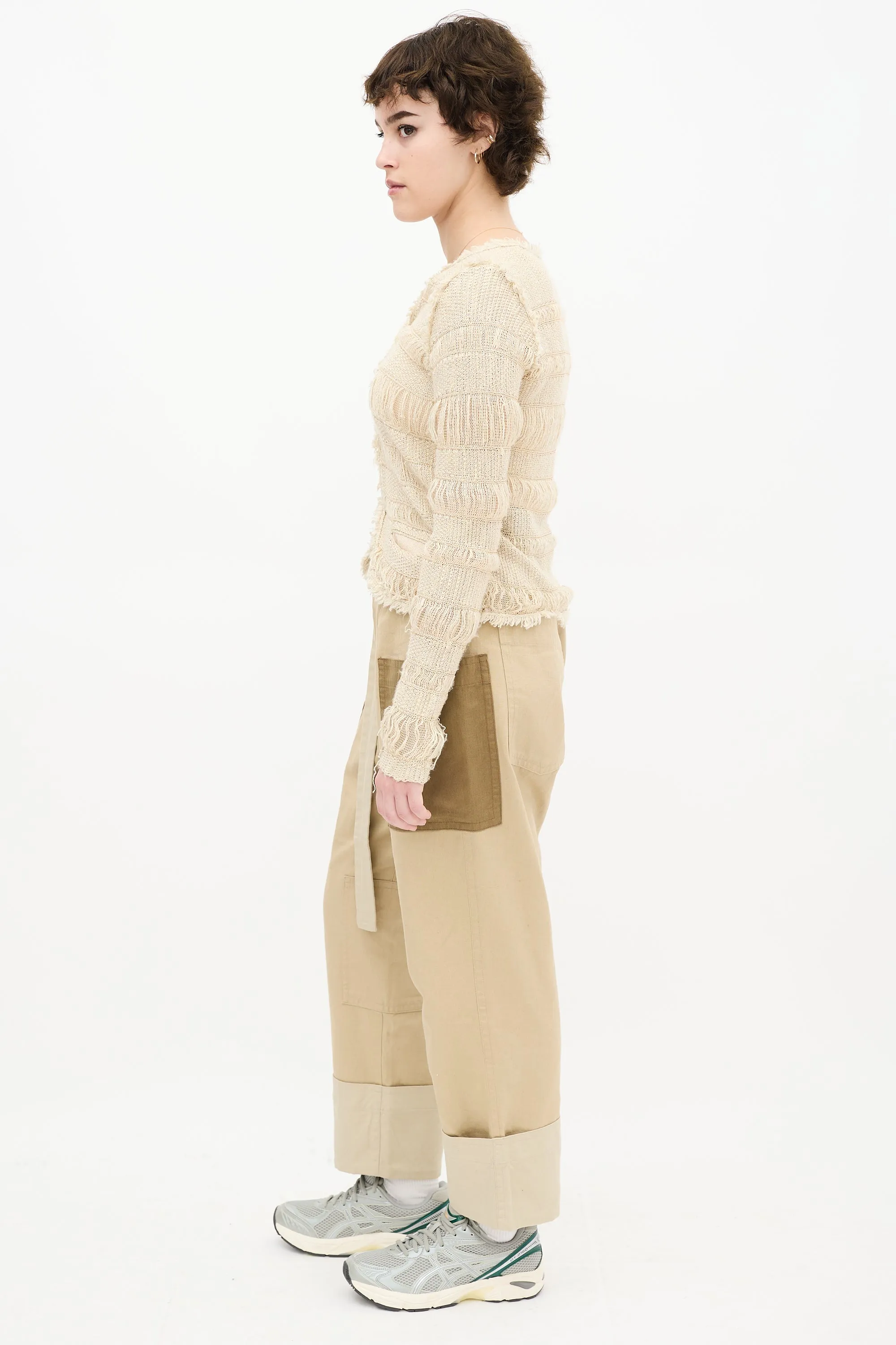 Beige Knit Fringe Cardigan