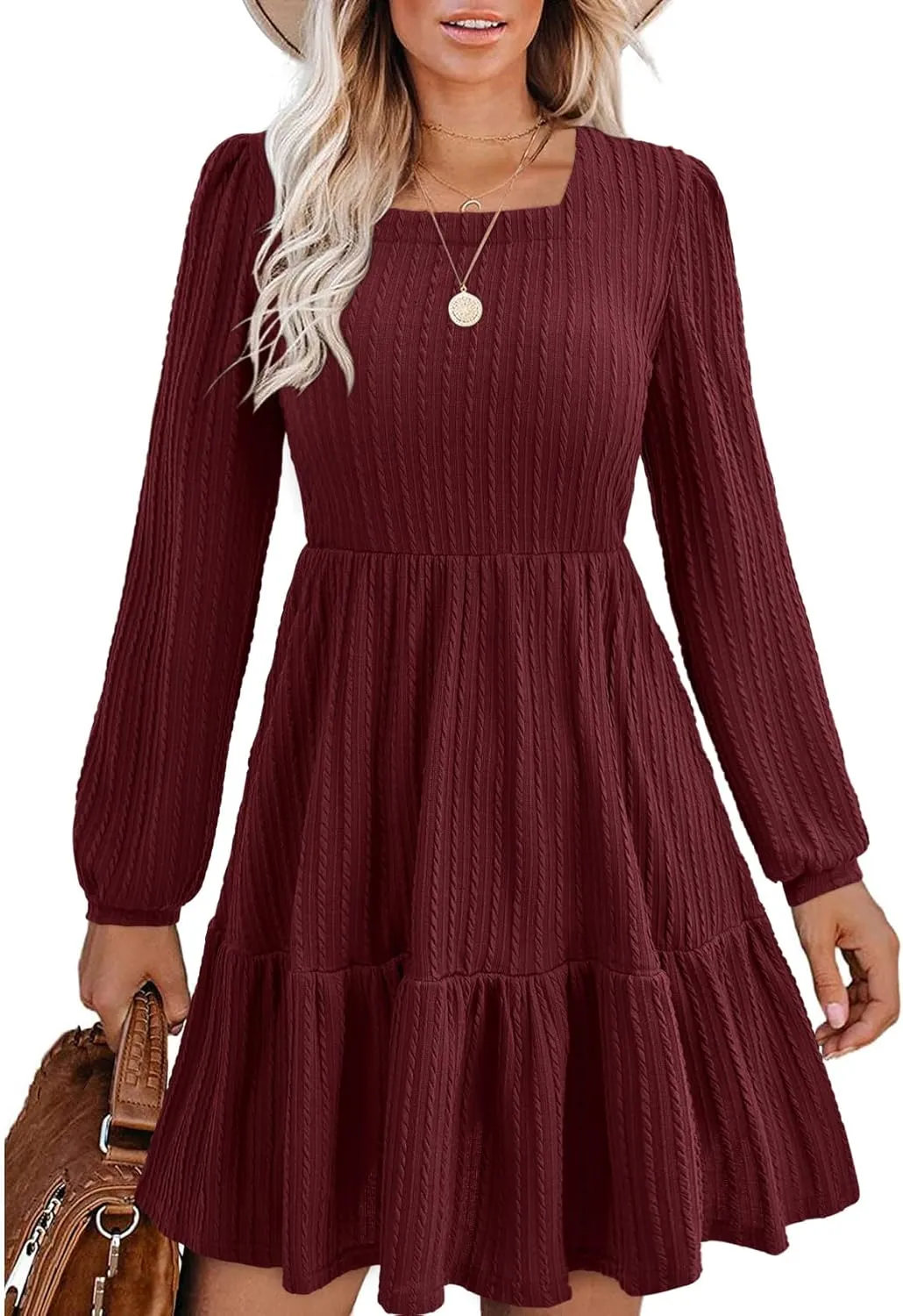 BIUBIU Women's Casual Knit Sweater Dress Square Neck Long Sleeve Knee Length Babydoll Dresses Trendy 2024