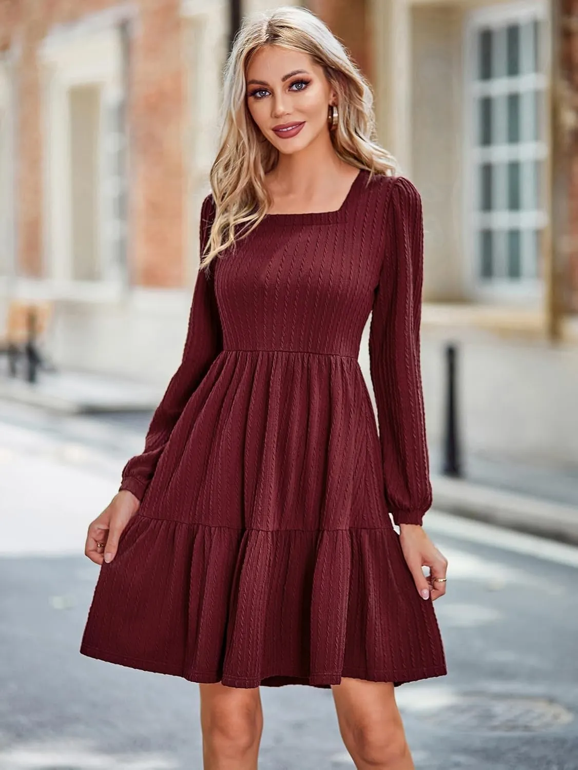 BIUBIU Women's Casual Knit Sweater Dress Square Neck Long Sleeve Knee Length Babydoll Dresses Trendy 2024