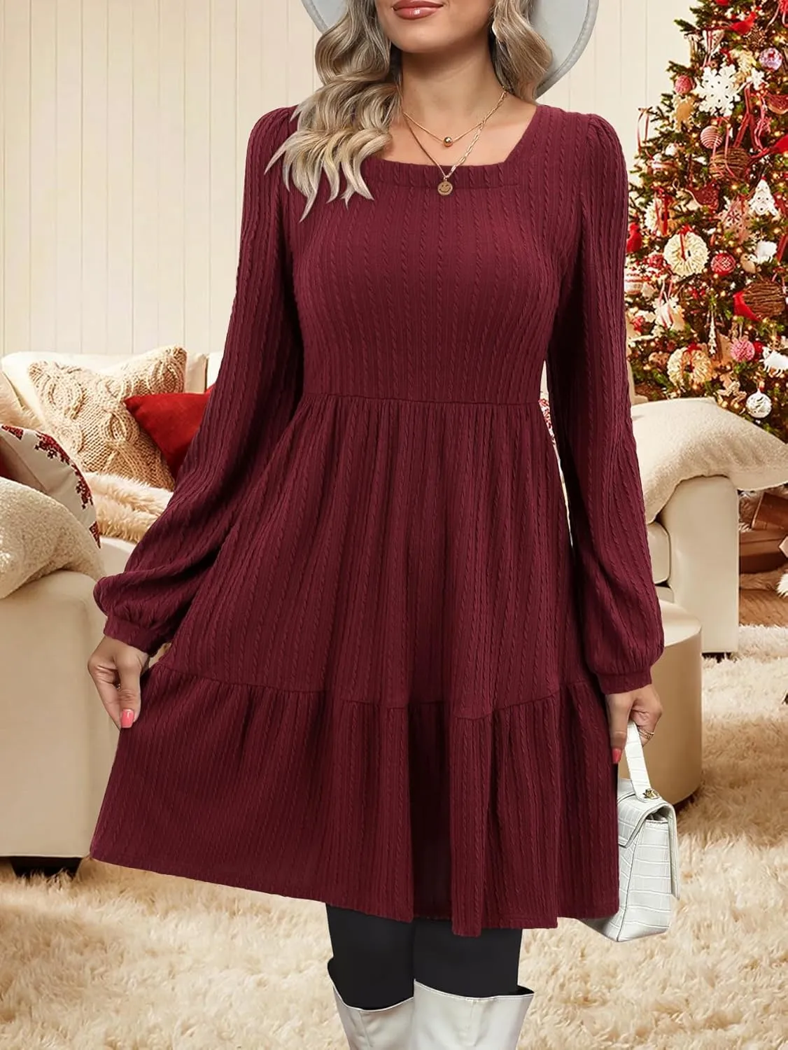 BIUBIU Women's Casual Knit Sweater Dress Square Neck Long Sleeve Knee Length Babydoll Dresses Trendy 2024