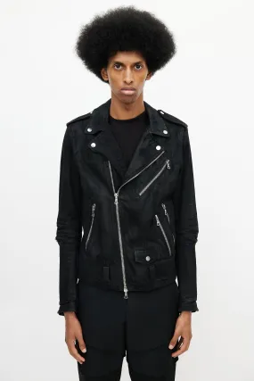 Black Distressed Denim Biker Jacket