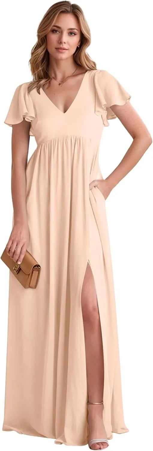 Cadoly Women's Chiffon A-Line 2025 Bridesmaid Dresses for Wedding Long with Slit Ruffle Sleeves V-Neck Formal Dresses