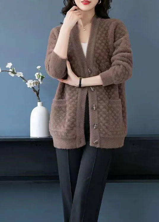Camel Pockets Patchwork Mink Hair Knitted Coats V Neck Button Fall LY9212