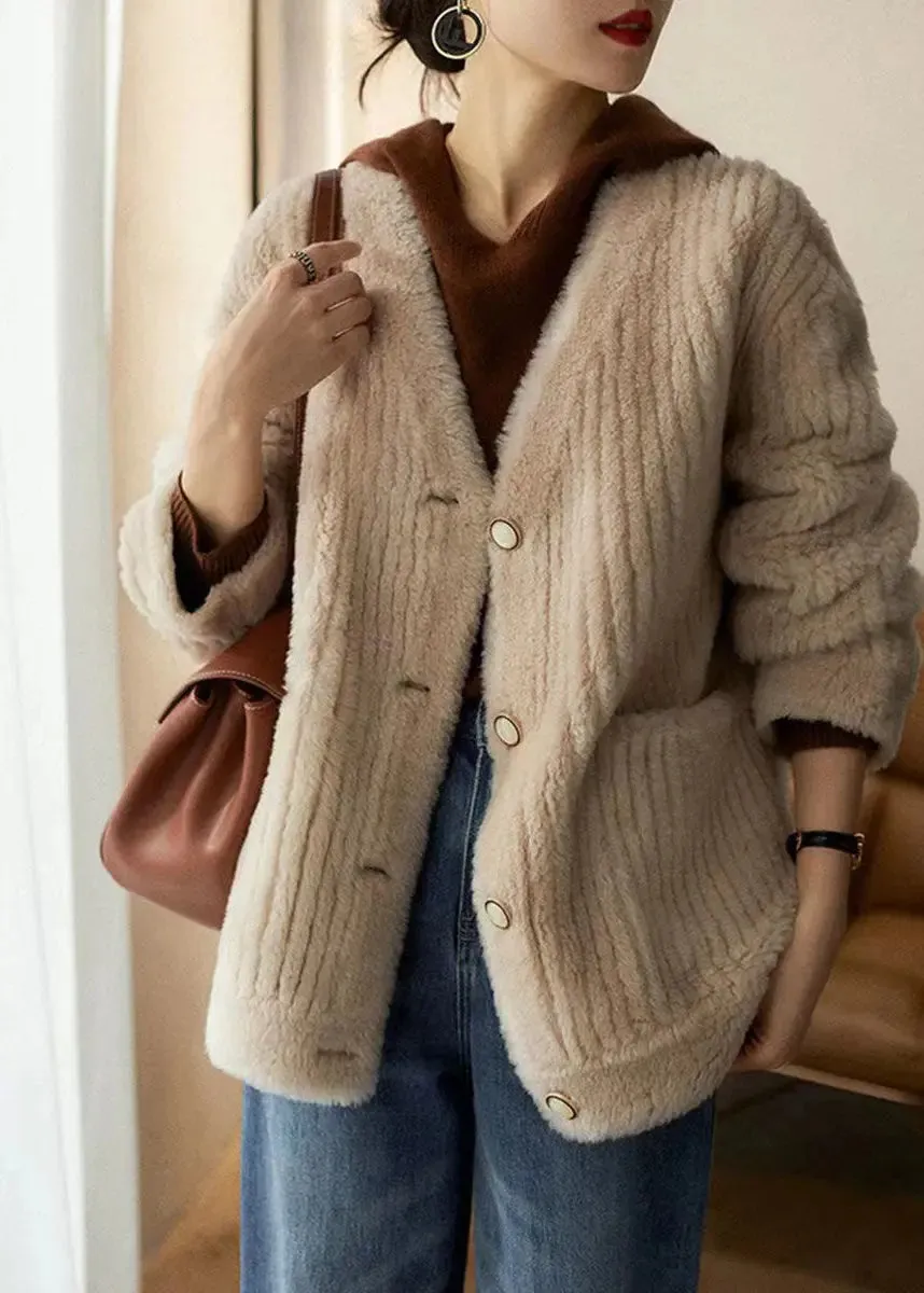 Chic White V Neck Pockets Patchwork Wool Coats Winter ML1150