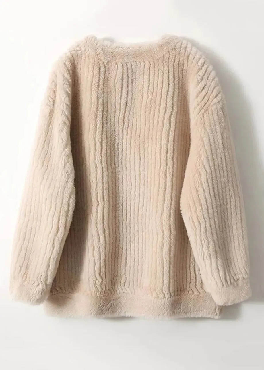 Chic White V Neck Pockets Patchwork Wool Coats Winter ML1150