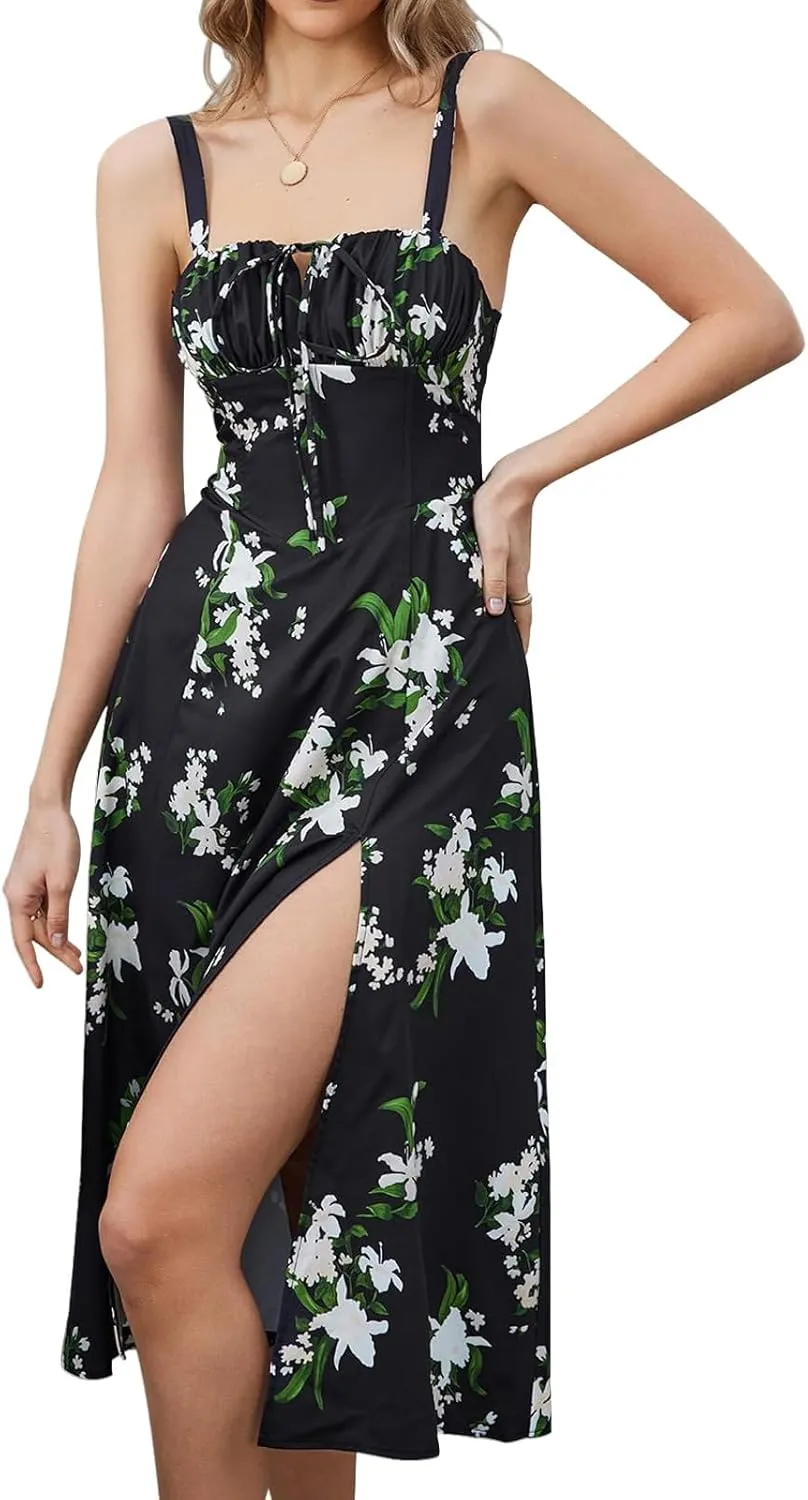 Corset Dress for Women Summer Sexy Backless Spaghetti Straps Square Neck Casual Midi Dress Flowy A-Line Beach Sundress