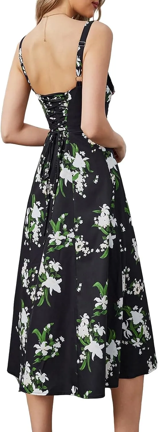 Corset Dress for Women Summer Sexy Backless Spaghetti Straps Square Neck Casual Midi Dress Flowy A-Line Beach Sundress