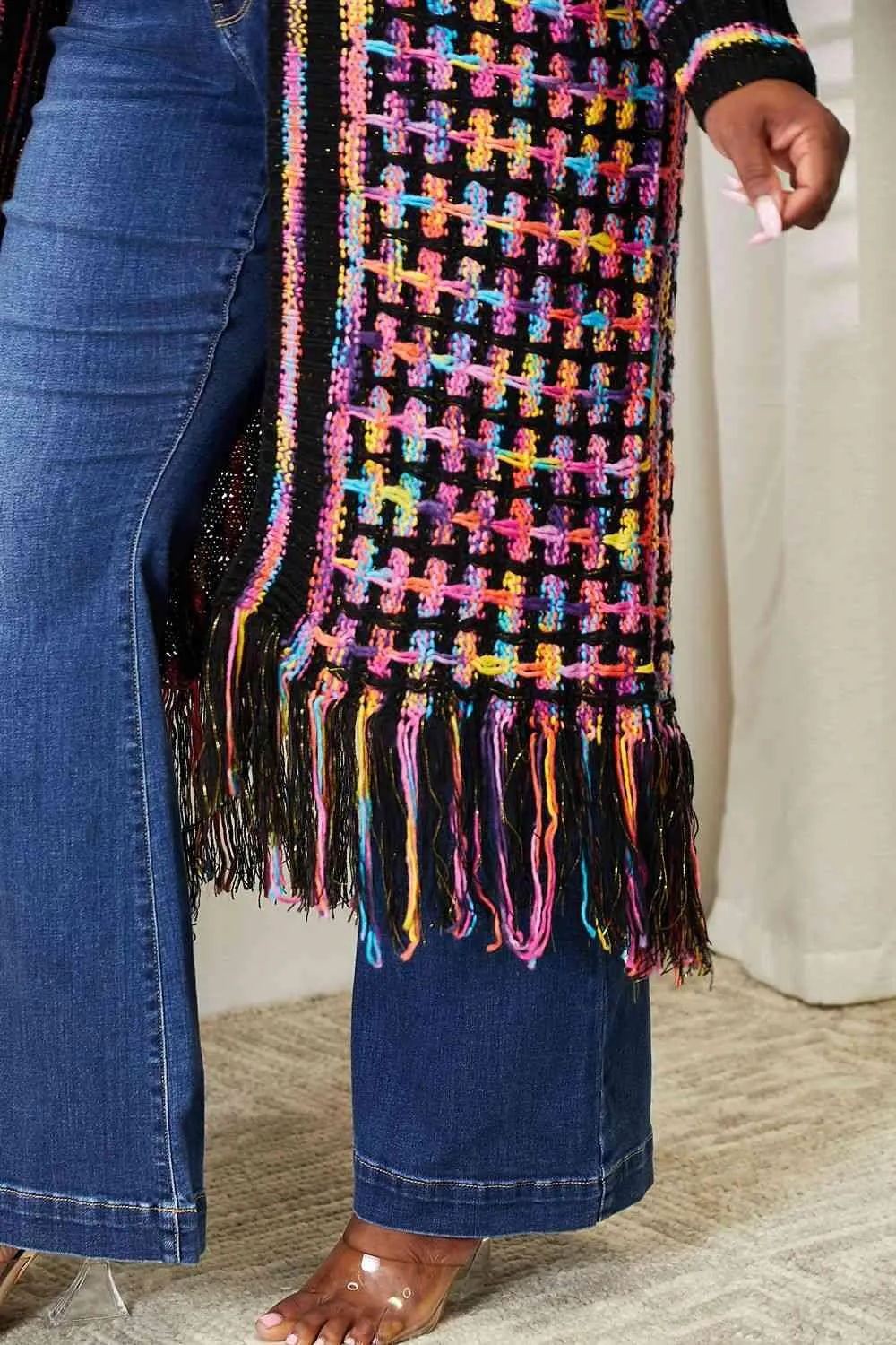 Double Take Full Size Multicolored Open Front Fringe Hem