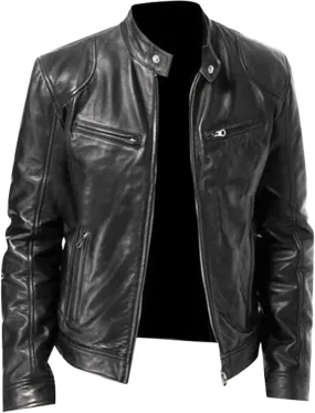 DuDubaby Men Vintage Cool Jacket Leather Long Sleeve Autumn Winter Stand Collar Club Coat
