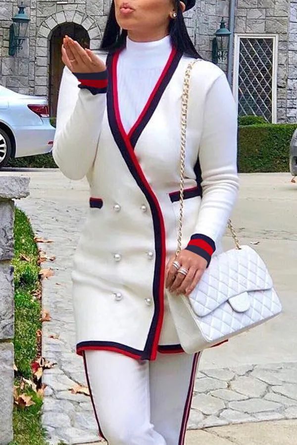 Fashionkova - White V Neck Patchwork Patchwork Long Sleeve Coats & Cardigan