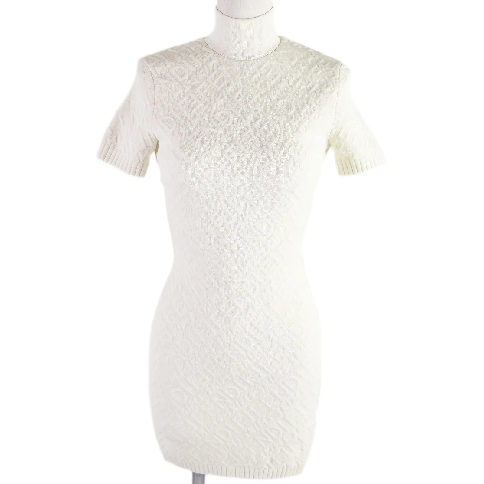 Fendi Embossed Logo High Neck Knit Dress Ivory 36