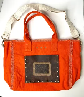 Frayed Edge Tote/Crossbody in orange zipper closure