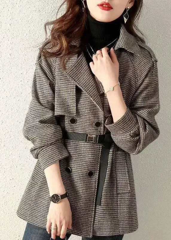 French Plaid Peter Pan Collar Pockets Patchwork Woolen Coats Fall LY8366