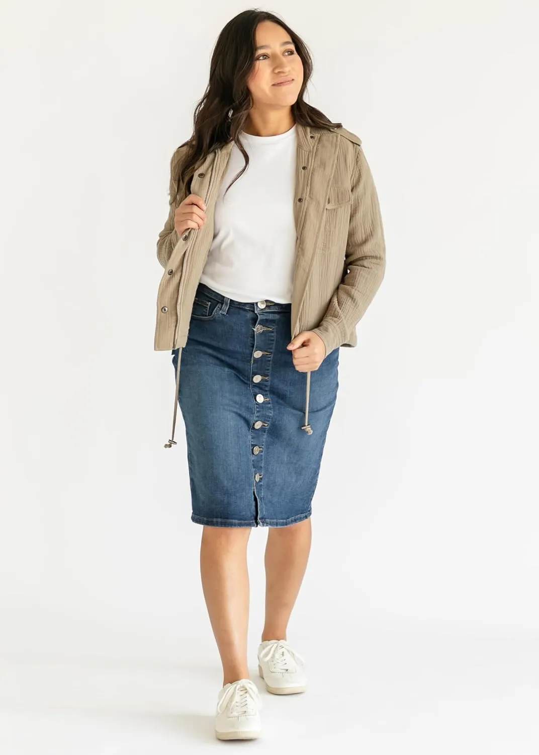 Inherit Zana Front Button Denim Midi Skirt Stretchy True Fit with Pockets Skirts for Women - Sizes 2-20 - Multiple Lengths