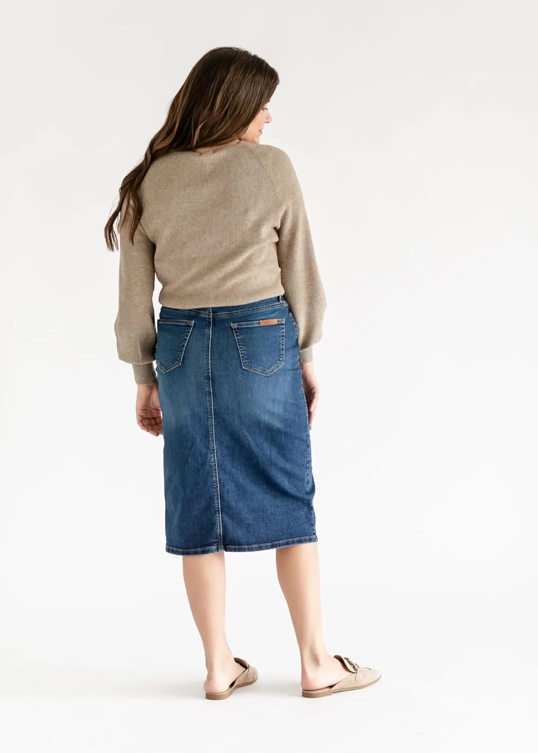 Inherit Zana Front Button Denim Midi Skirt Stretchy True Fit with Pockets Skirts for Women - Sizes 2-20 - Multiple Lengths