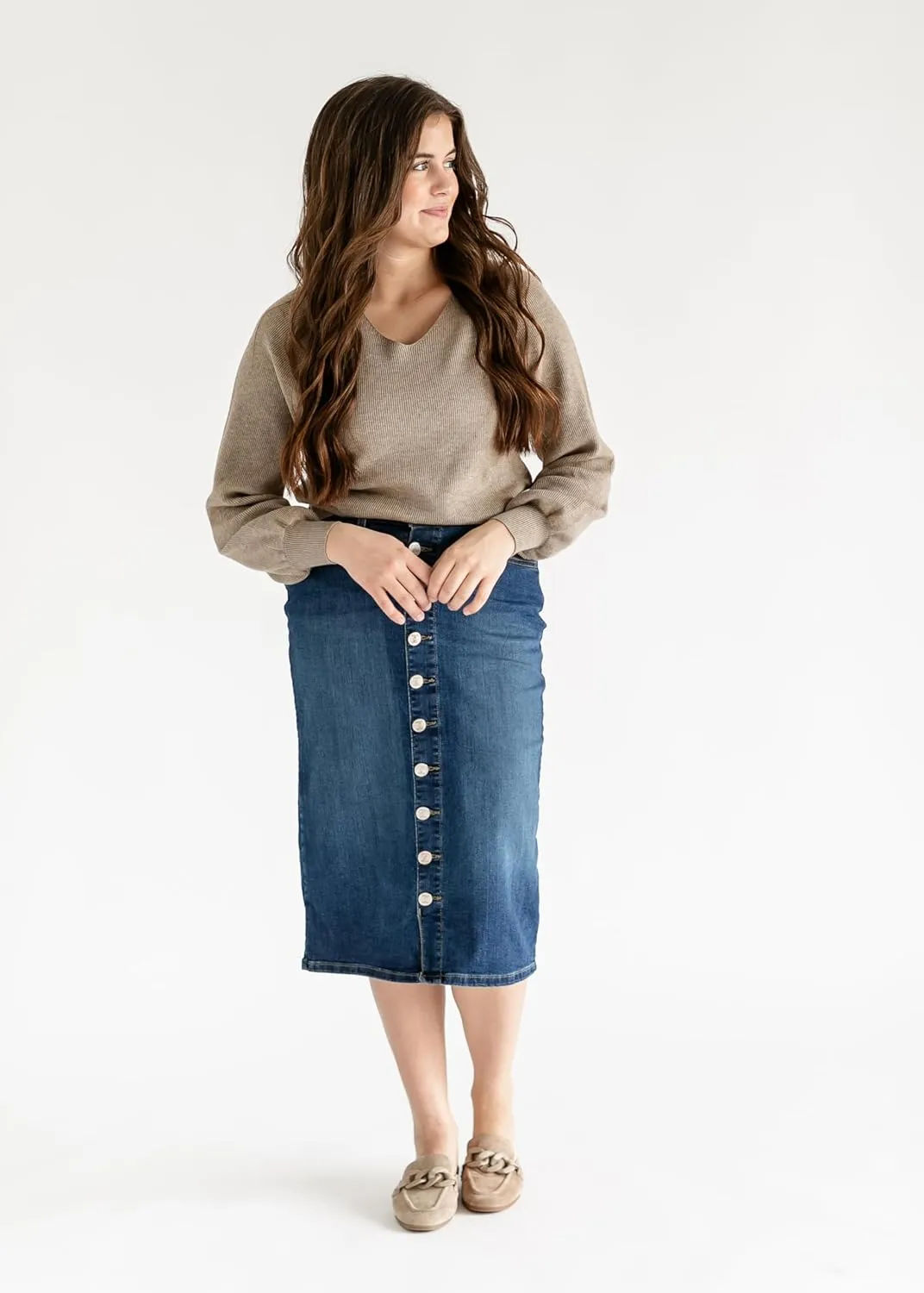 Inherit Zana Front Button Denim Midi Skirt Stretchy True Fit with Pockets Skirts for Women - Sizes 2-20 - Multiple Lengths
