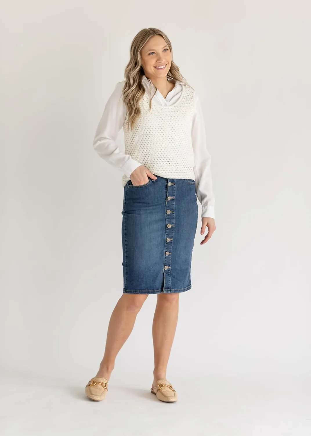 Inherit Zana Front Button Denim Midi Skirt Stretchy True Fit with Pockets Skirts for Women - Sizes 2-20 - Multiple Lengths