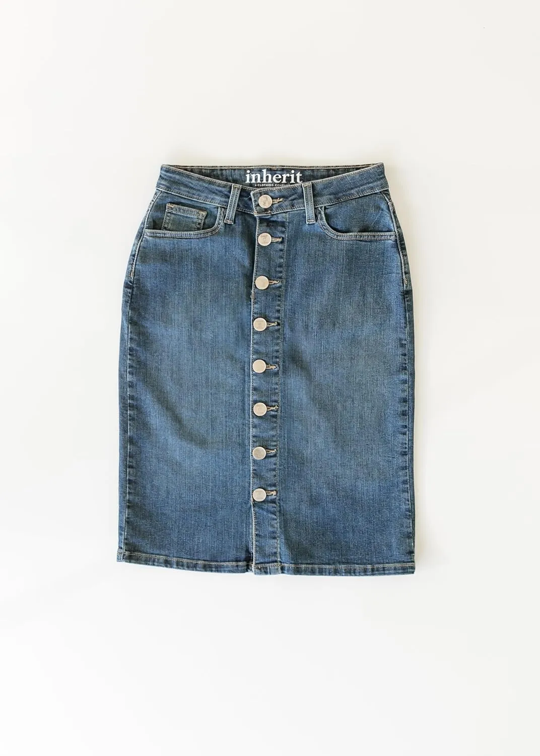 Inherit Zana Front Button Denim Midi Skirt Stretchy True Fit with Pockets Skirts for Women - Sizes 2-20 - Multiple Lengths
