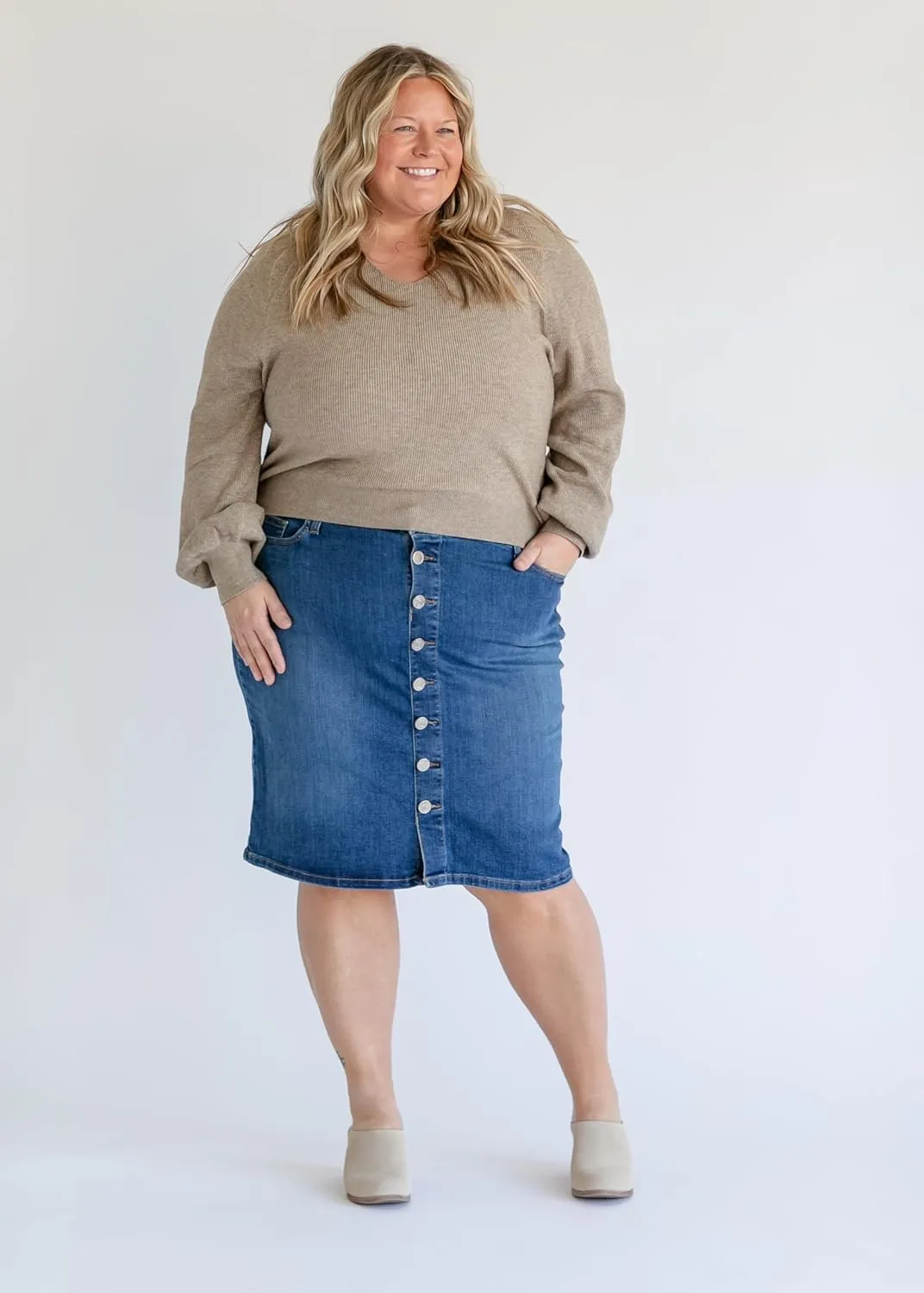 Inherit Zana Front Button Denim Midi Skirt Stretchy True Fit with Pockets Skirts for Women - Sizes 2-20 - Multiple Lengths