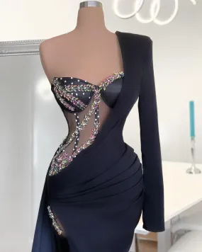 Kali One Shoulder Crystal Diamond Beading High Slit Evening Dress