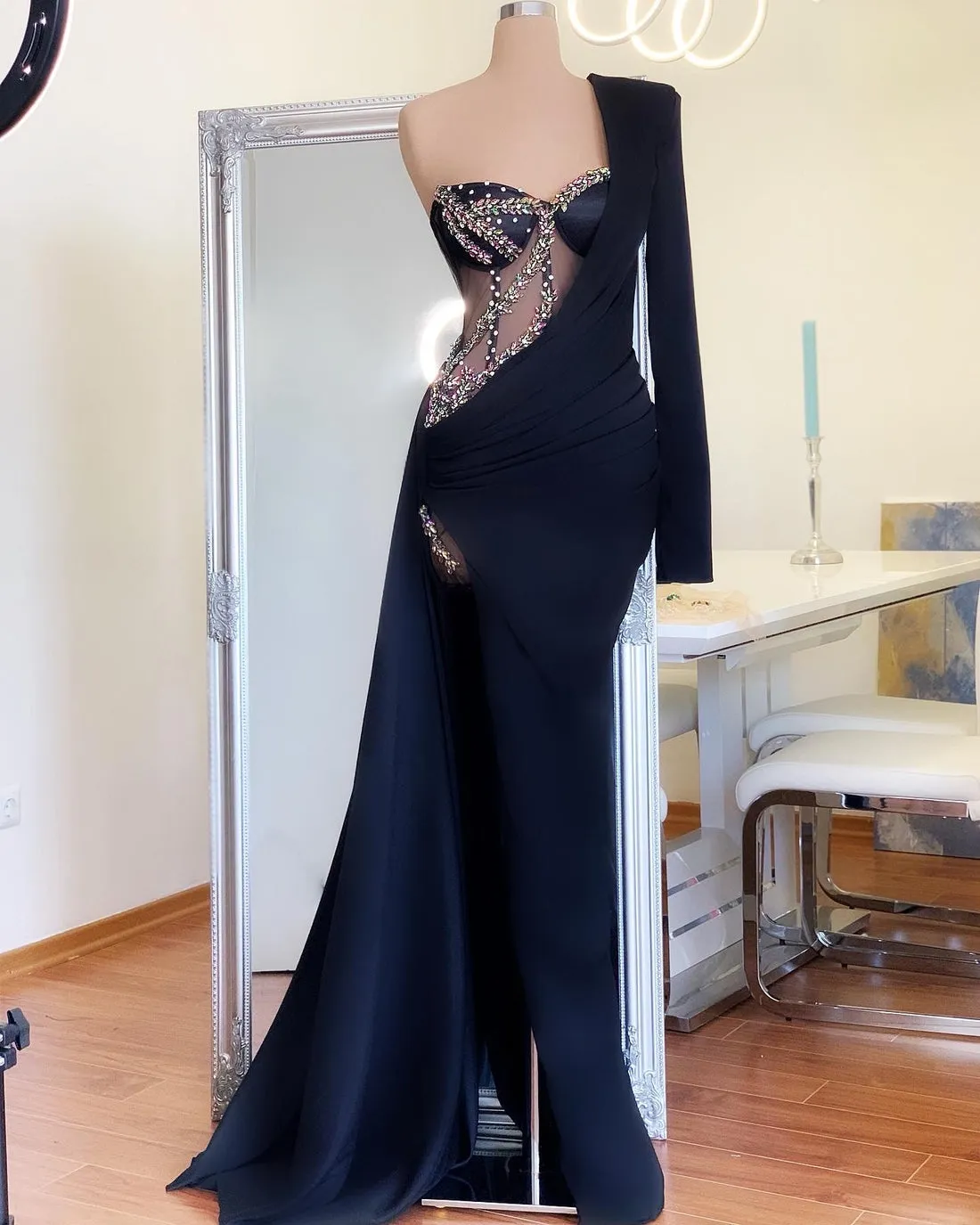 Kali One Shoulder Crystal Diamond Beading High Slit Evening Dress