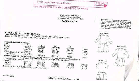 Kwik Sew 2079 Girls Knit Dresses Size- 8, 10, 12, 14 Uncut Vintage 1990's