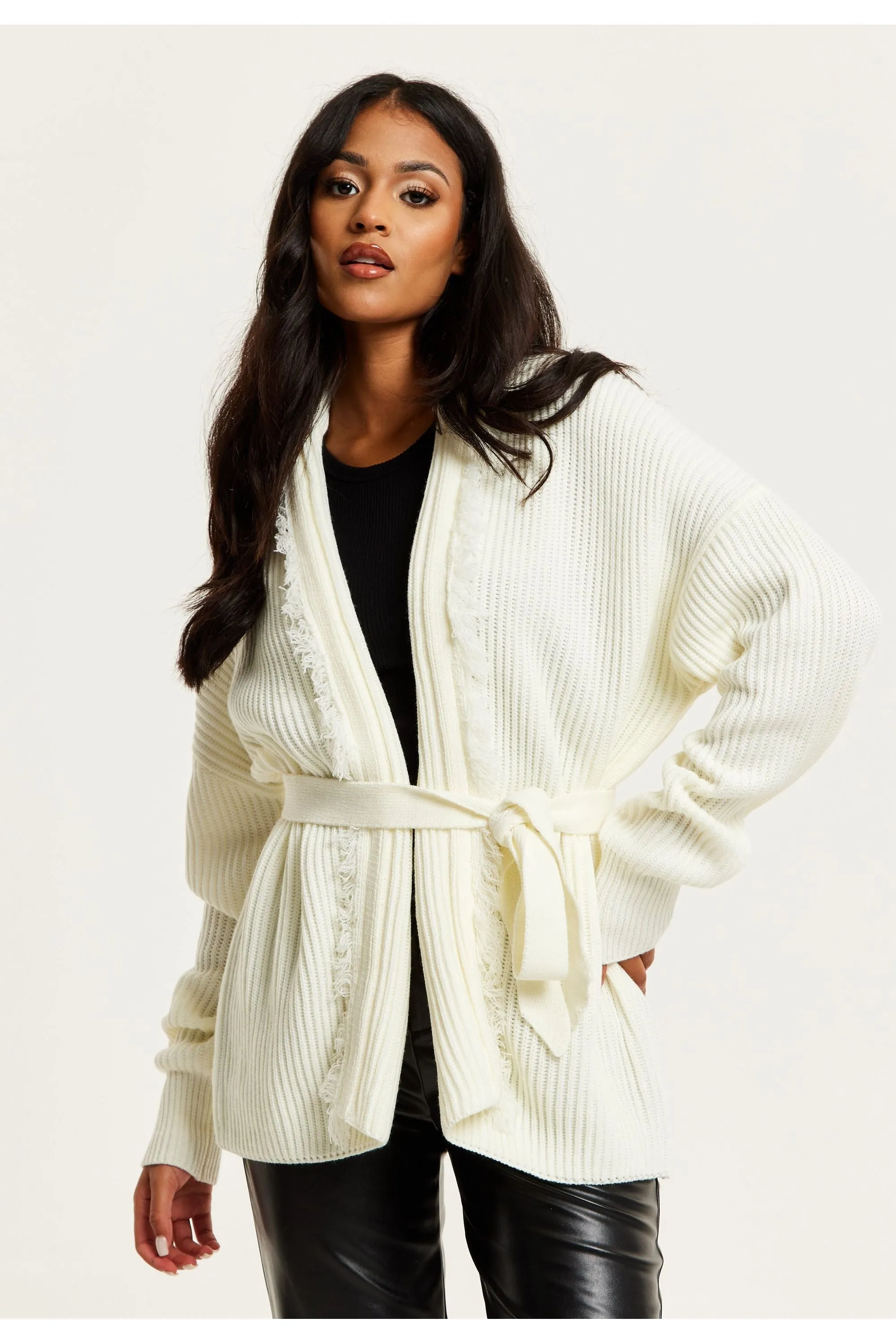 Liquorish Open Front Cream Cardigan With Fringe Details