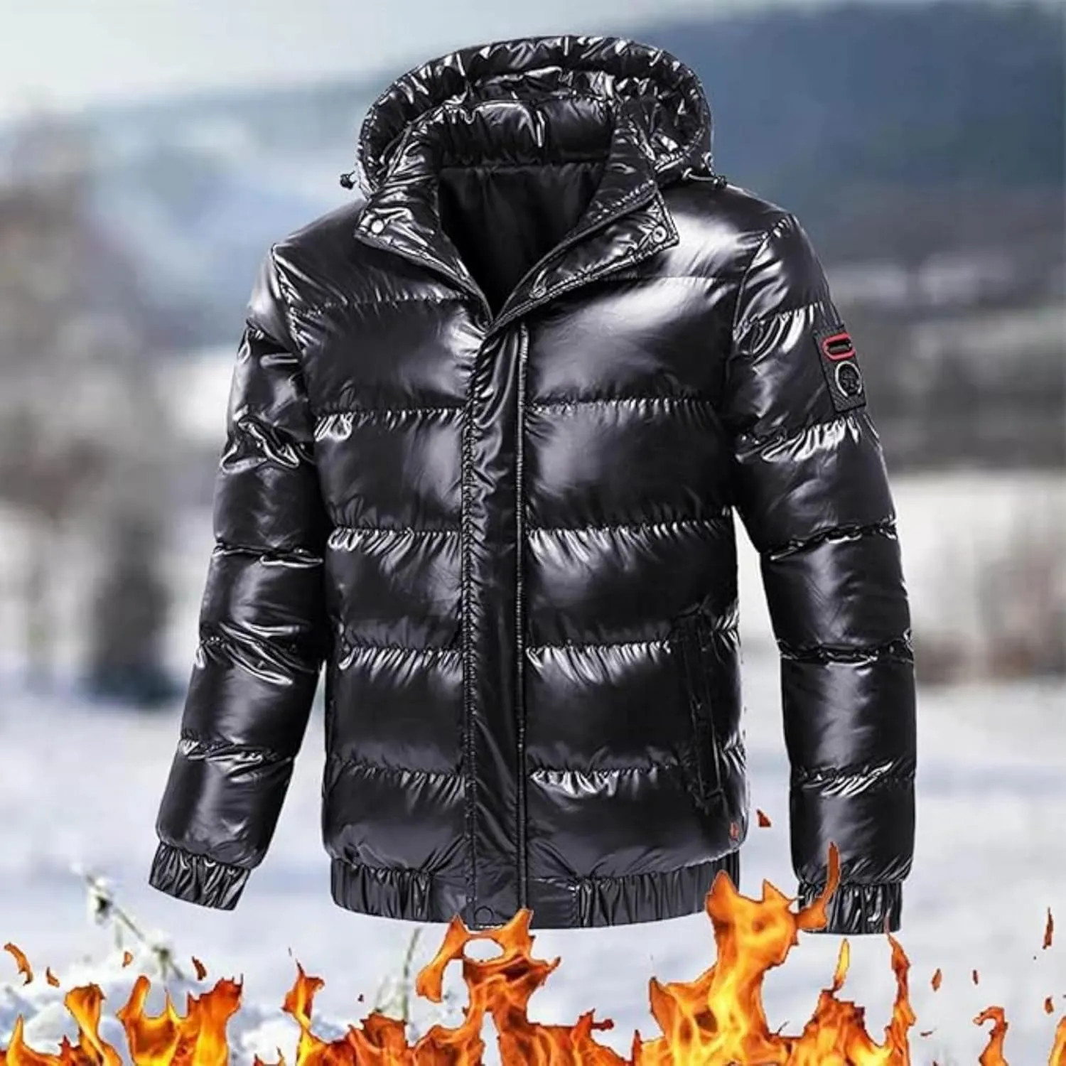Maiyifu-GJ Men's Metallic Hooded Puffer Jacket Winter Warm Down Jackets Full Zip Alternative Quilted Padded Coat
