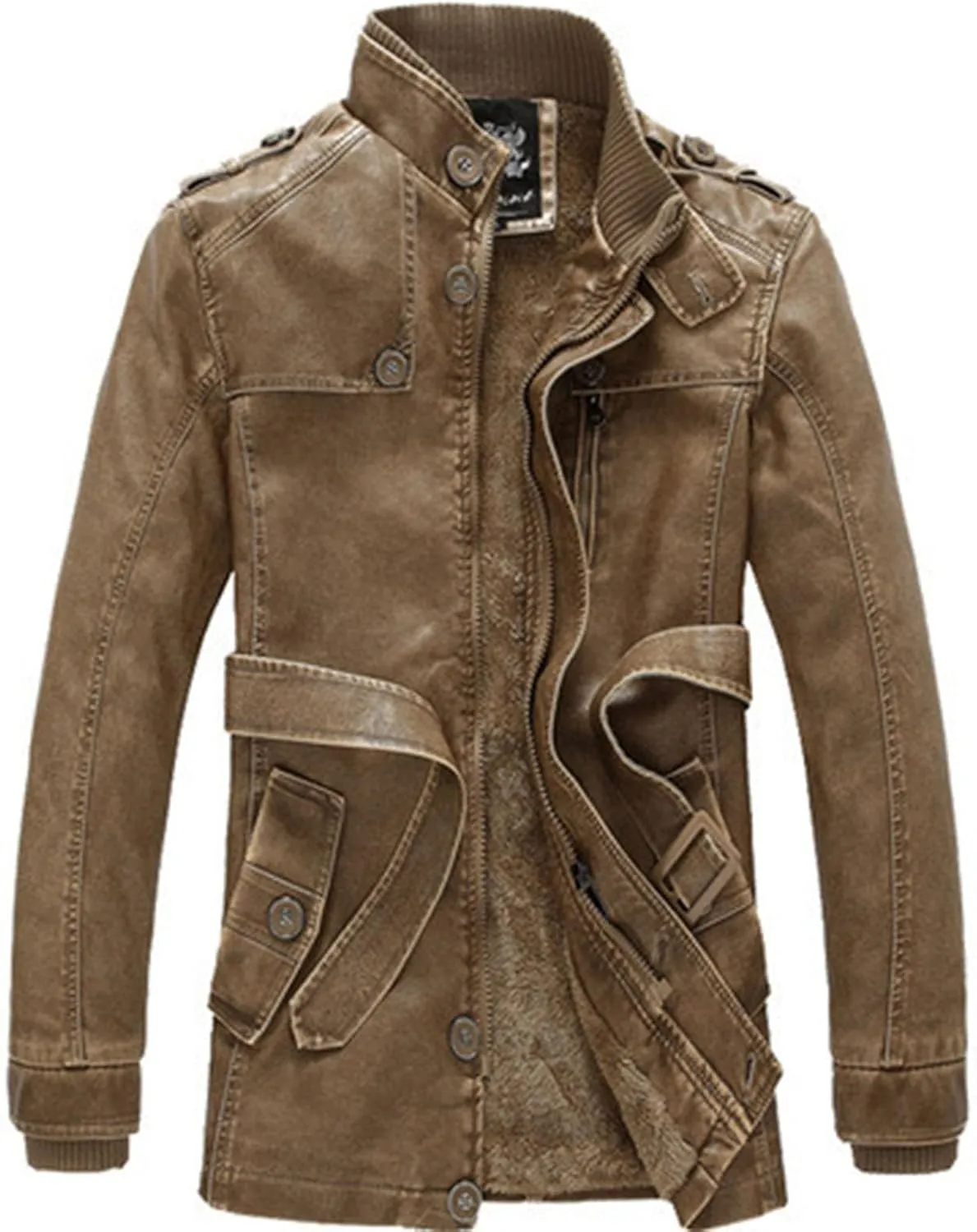 Men Faux Leather Jackets Vintage Distressed Zipper Button Biker Coat Lightweight Racer Motorcycle Jackets with Belt
