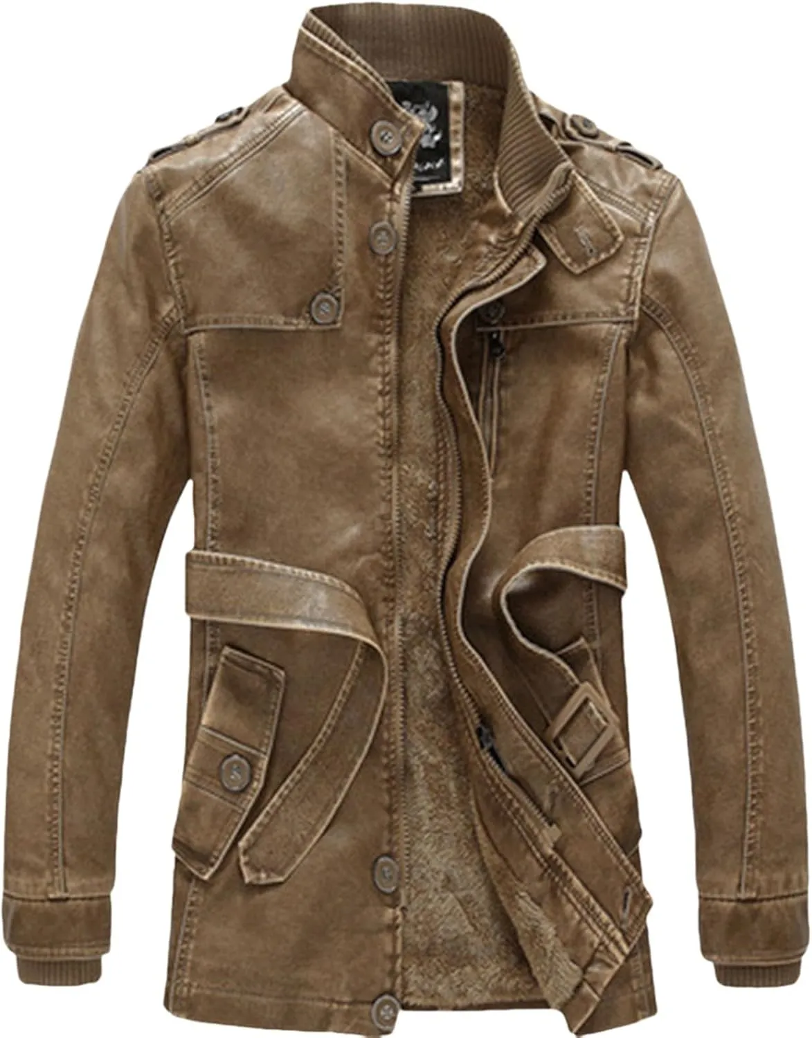 Men Faux Leather Jackets Vintage Distressed Zipper Button Biker Coat Lightweight Racer Motorcycle Jackets with Belt