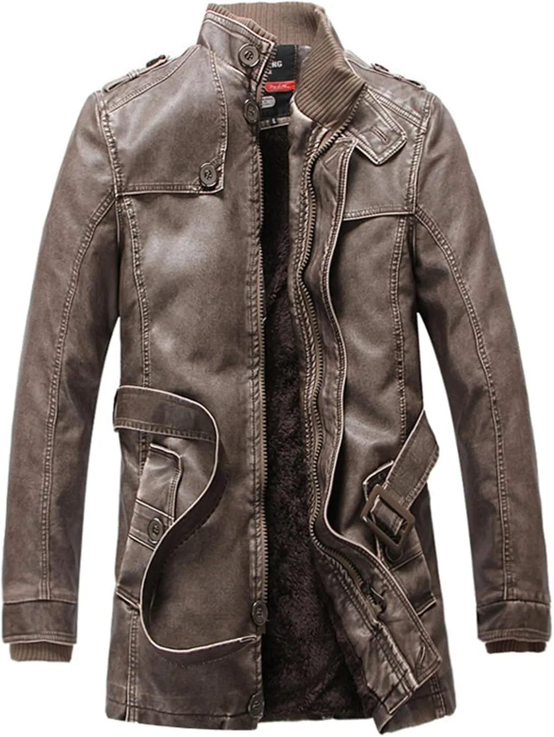 Men Faux Leather Jackets Vintage Distressed Zipper Button Biker Coat Lightweight Racer Motorcycle Jackets with Belt