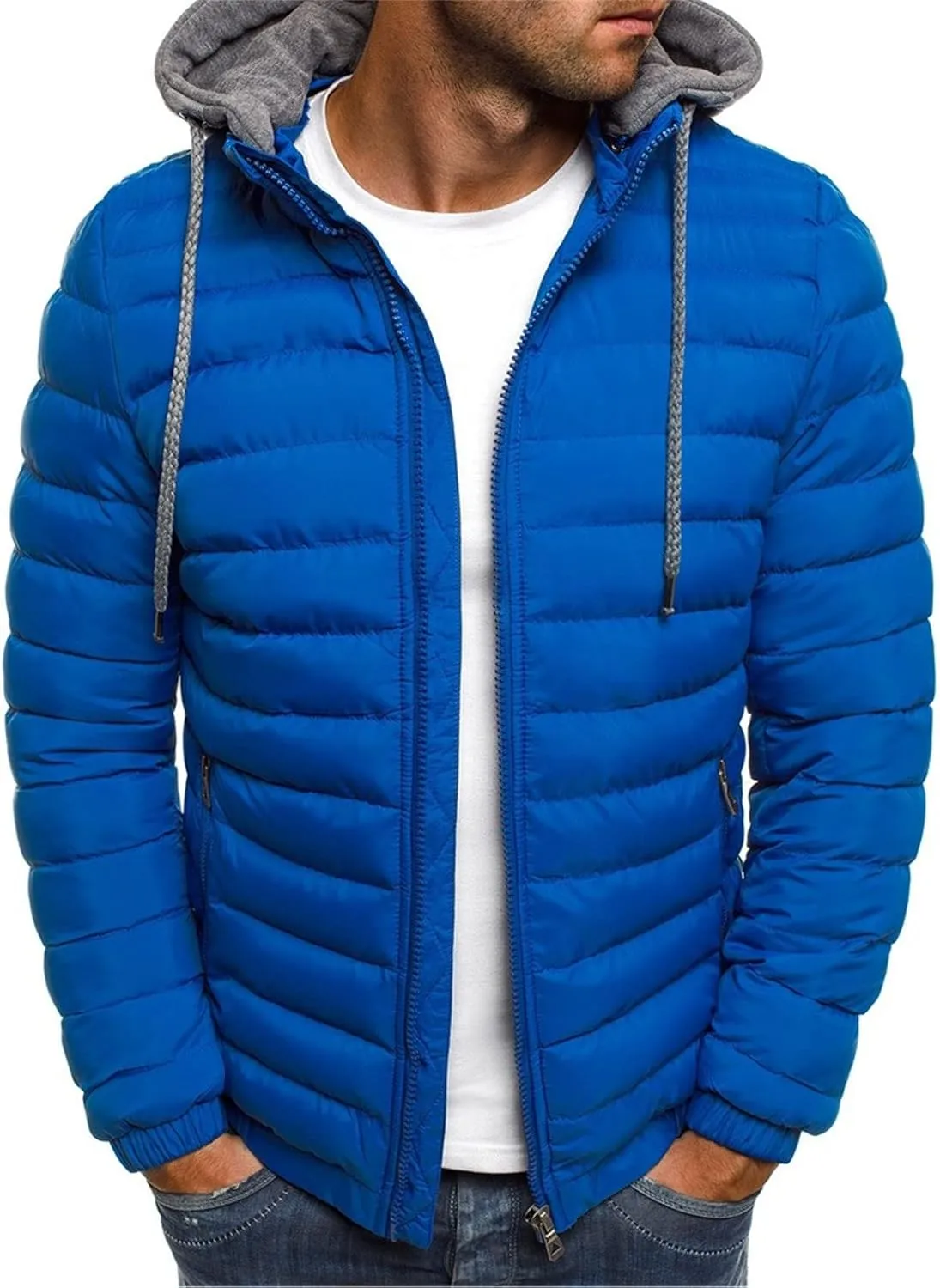 Men's Lightweight Puffer Down Jackets Patchwork Hood Water-Resistant Winter Coat Hooded Insulated for Travel Ski