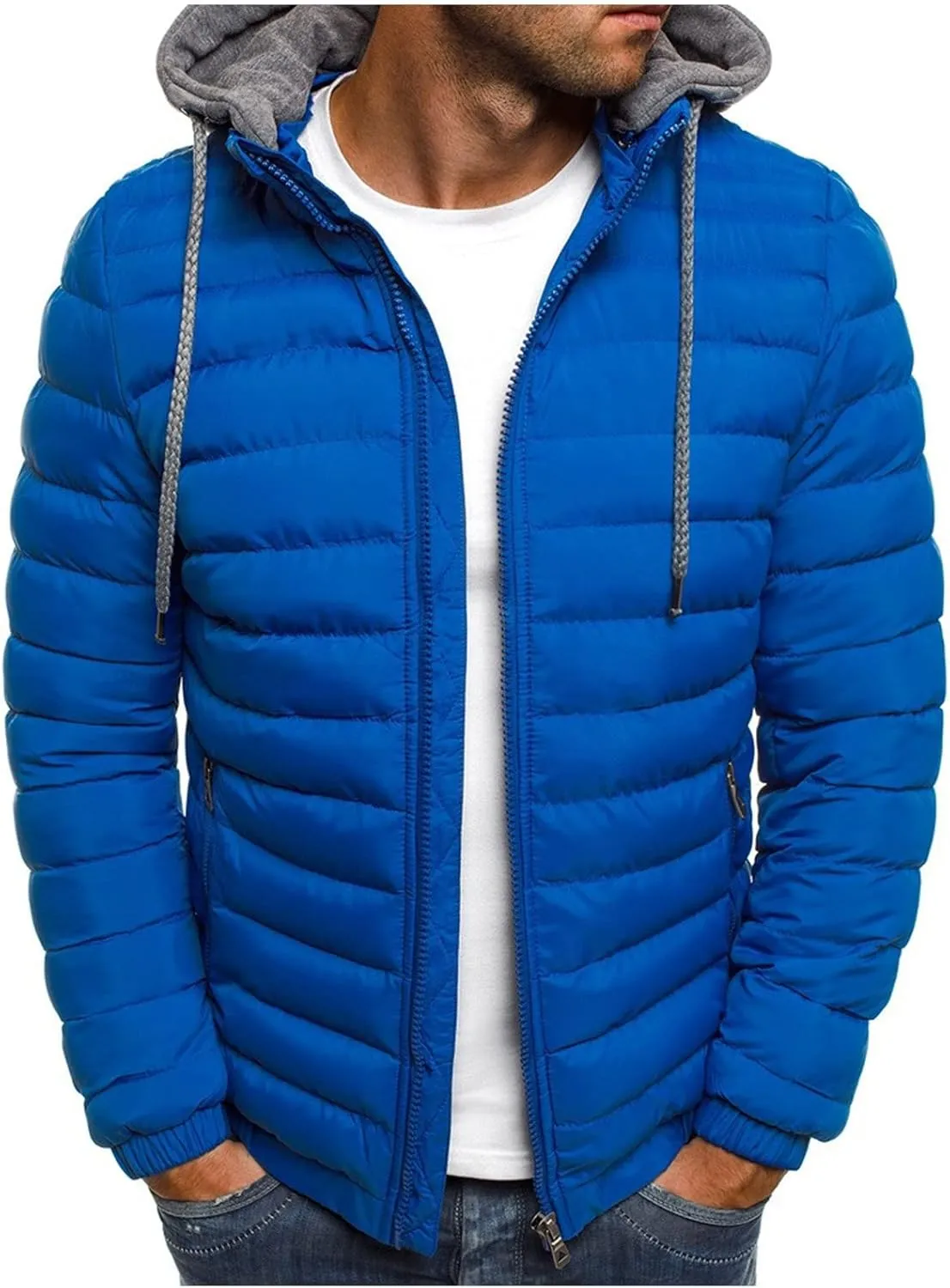 Men's Lightweight Puffer Down Jackets Patchwork Hood Water-Resistant Winter Coat Hooded Insulated for Travel Ski