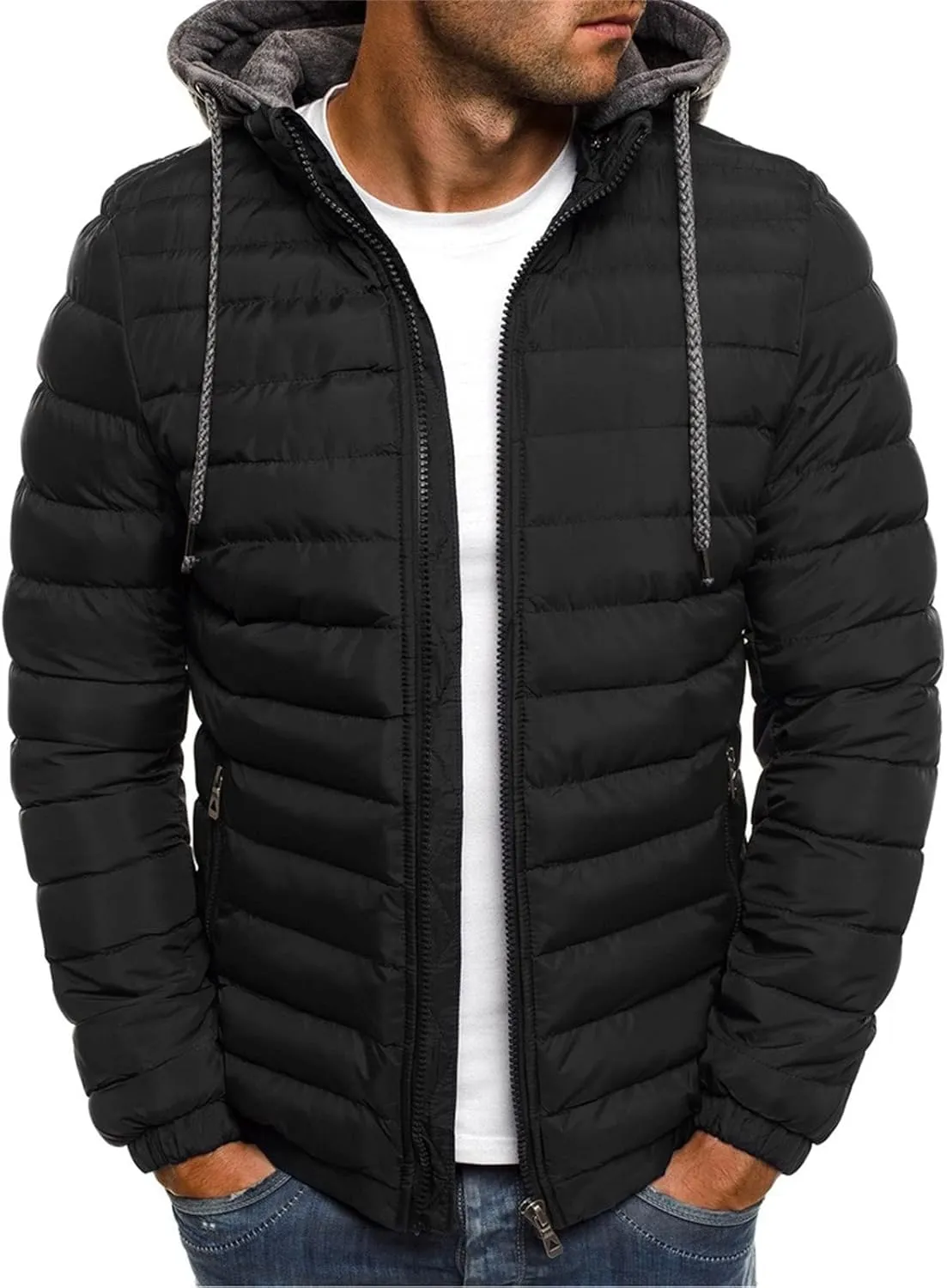 Men's Lightweight Puffer Down Jackets Patchwork Hood Water-Resistant Winter Coat Hooded Insulated for Travel Ski