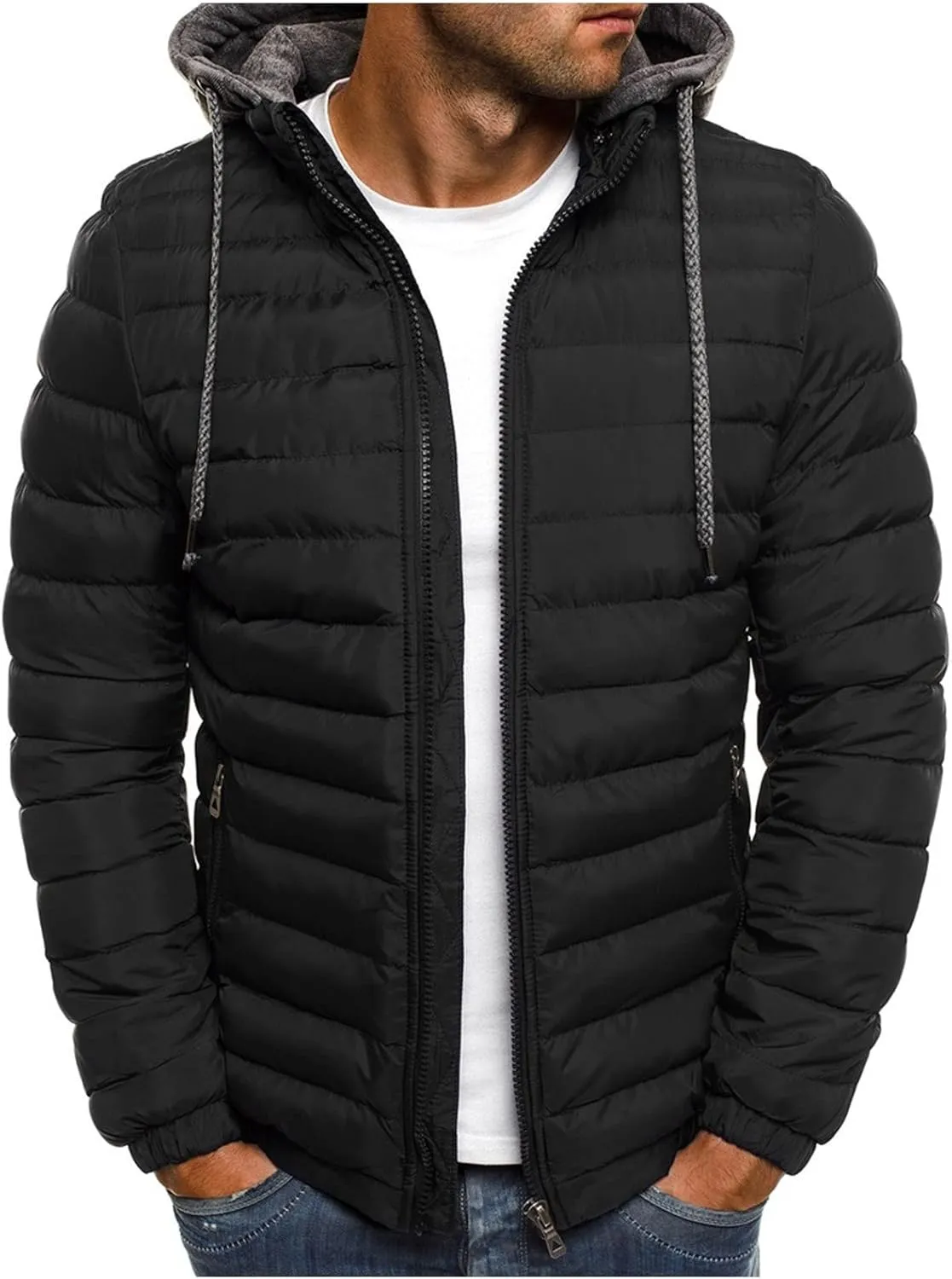 Men's Lightweight Puffer Down Jackets Patchwork Hood Water-Resistant Winter Coat Hooded Insulated for Travel Ski