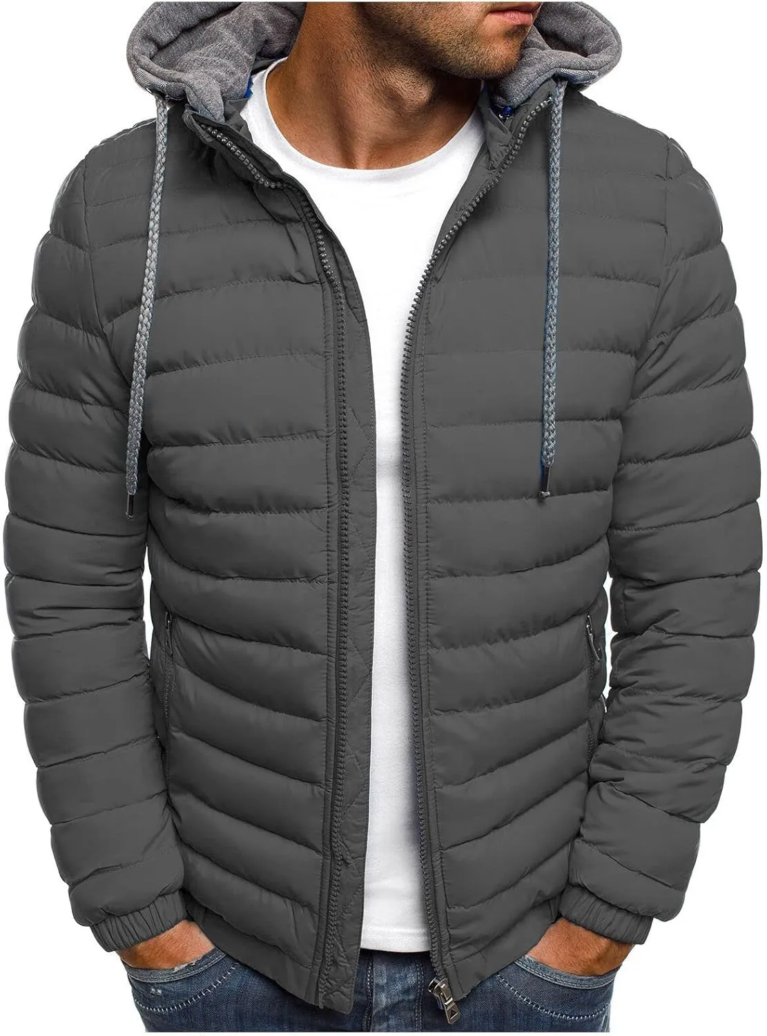 Men's Lightweight Puffer Down Jackets Patchwork Hood Water-Resistant Winter Coat Hooded Insulated for Travel Ski