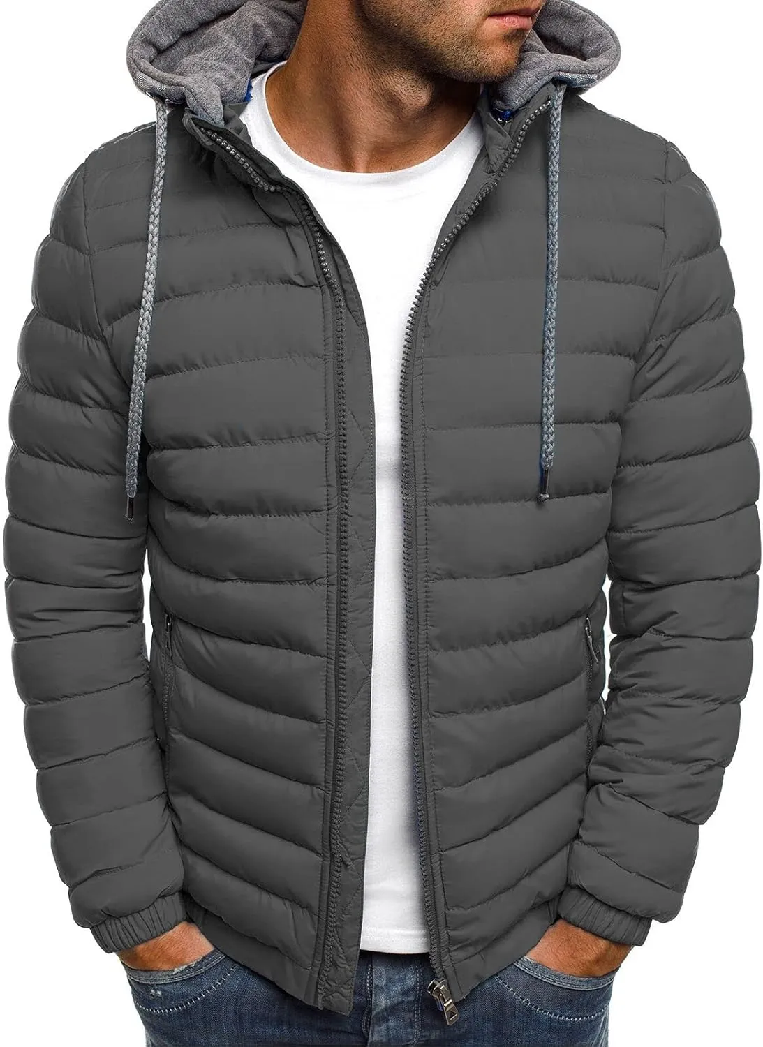 Men's Lightweight Puffer Down Jackets Patchwork Hood Water-Resistant Winter Coat Hooded Insulated for Travel Ski