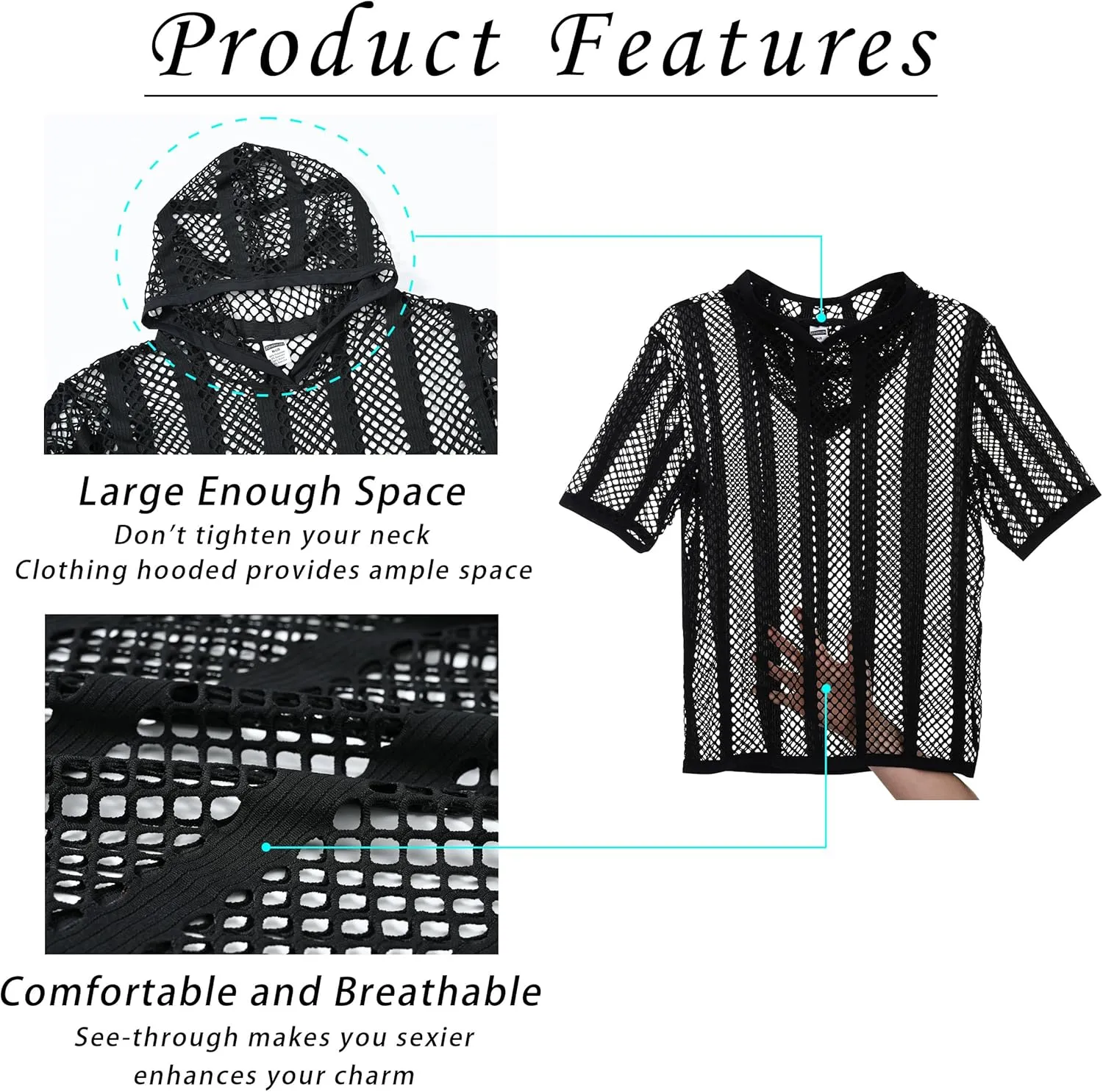Mens Stripe Hoodies See Through Mesh Short Sleeve T-Shirt Sexy Sheer Muscle Undershirt Top M L XLXL