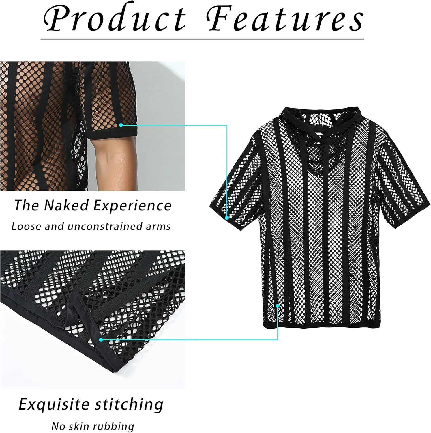 Mens Stripe Hoodies See Through Mesh Short Sleeve T-Shirt Sexy Sheer Muscle Undershirt Top M L XLXL