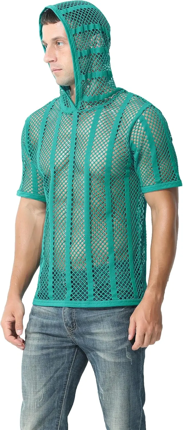 Mens Stripe Hoodies See Through Mesh Short Sleeve T-Shirt Sexy Sheer Muscle Undershirt Top M L XLXL