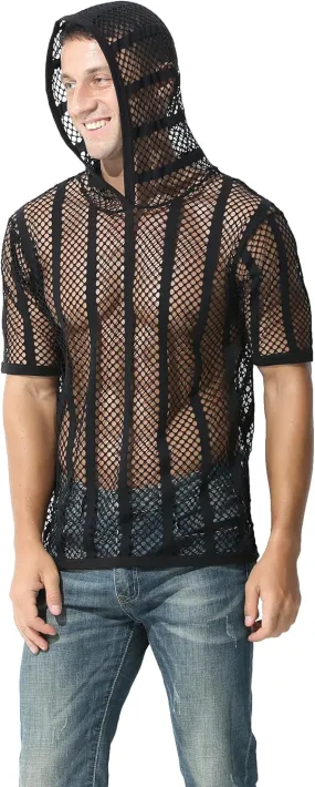 Mens Stripe Hoodies See Through Mesh Short Sleeve T-Shirt Sexy Sheer Muscle Undershirt Top M L XLXL
