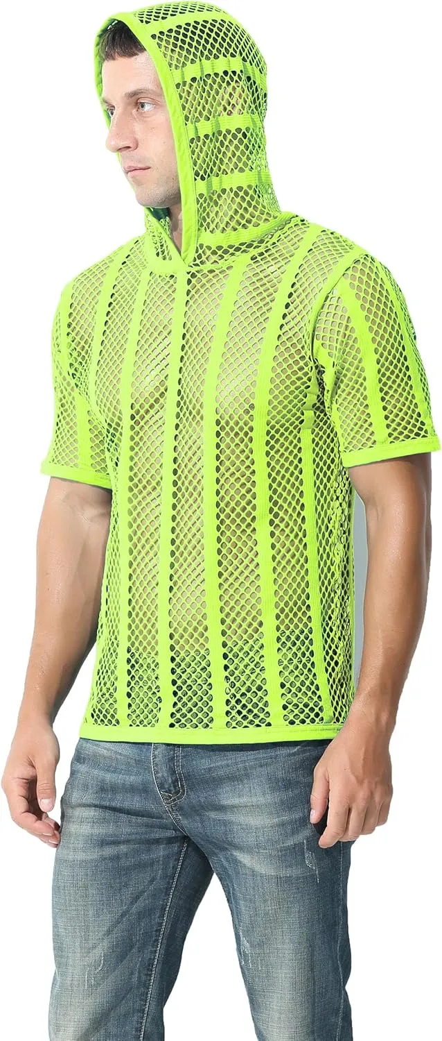 Mens Stripe Hoodies See Through Mesh Short Sleeve T-Shirt Sexy Sheer Muscle Undershirt Top M L XLXL