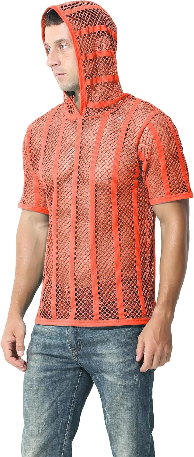 Mens Stripe Hoodies See Through Mesh Short Sleeve T-Shirt Sexy Sheer Muscle Undershirt Top M L XLXL